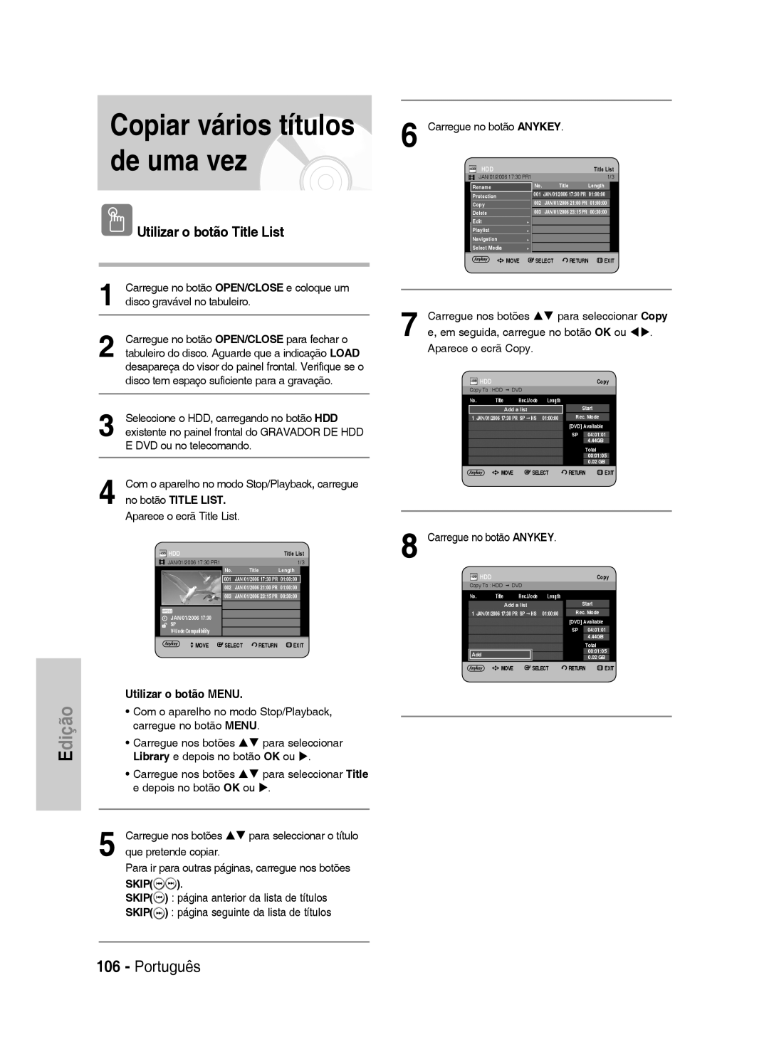 Samsung DVD-HR730/XEU, DVD-HR730/XEC, DVD-HR730/XEB, DVD-HR734/XEG, DVD-HR730/XEG manual Copiar vários títulos de uma vez 