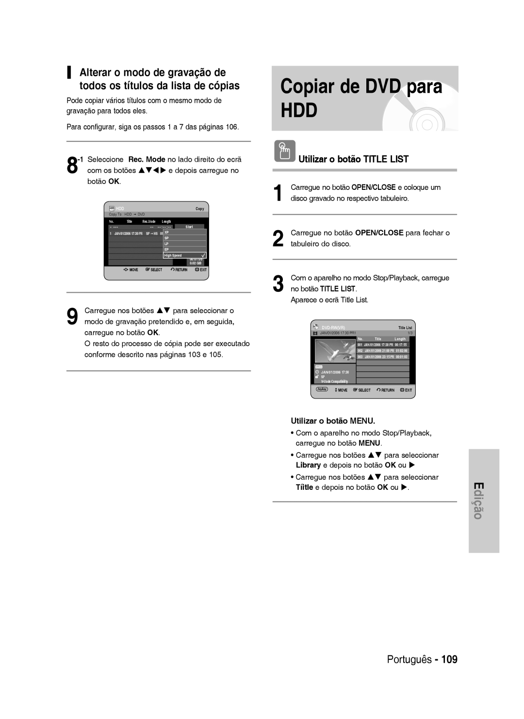 Samsung DVD-HR730/EUR, DVD-HR730/XEC, DVD-HR730/XEB manual Copiar de DVD para, No botão Title List Aparece o ecrã Title List 