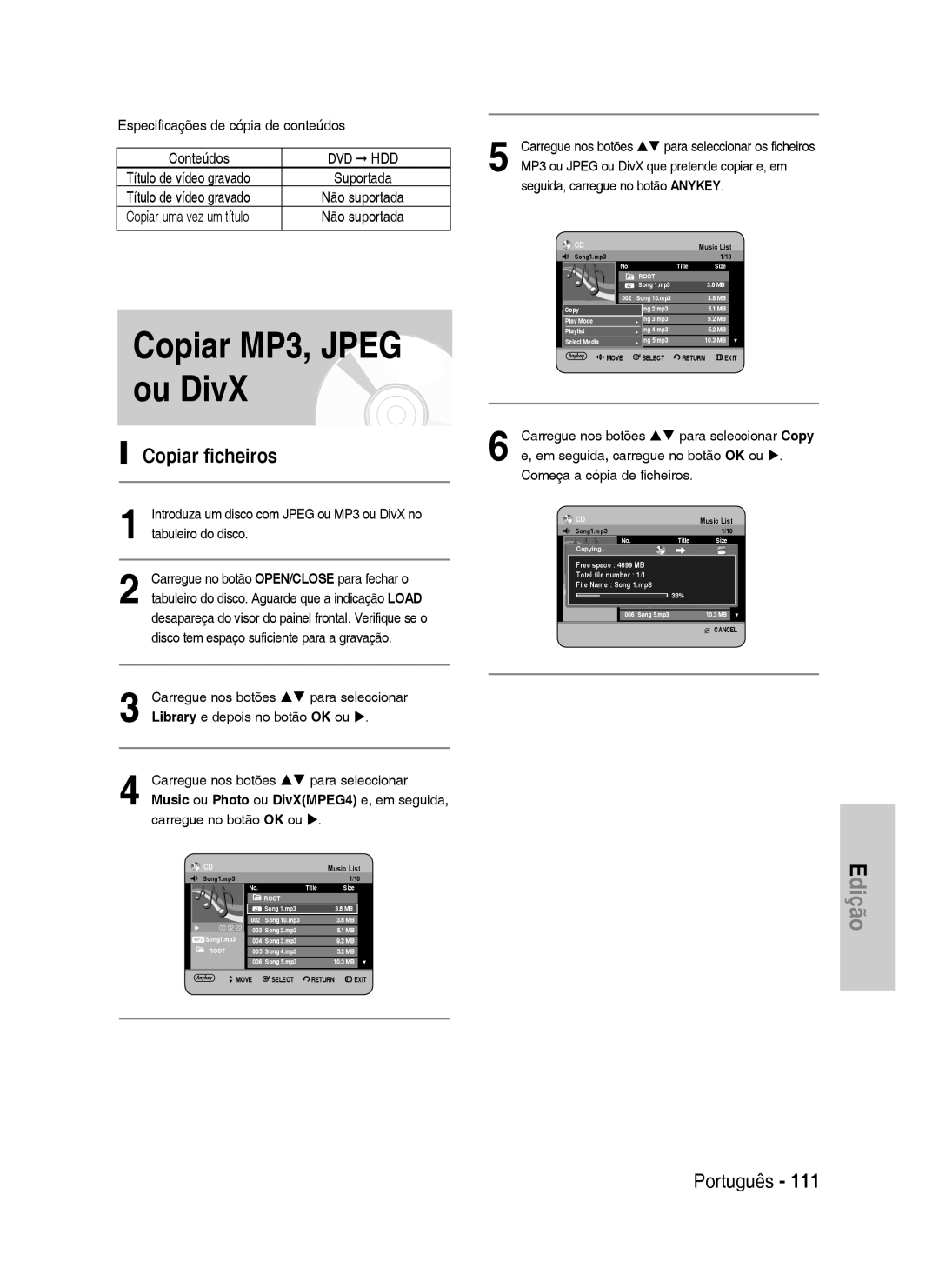 Samsung DVD-HR734/XEC manual Copiar MP3, Jpeg ou DivX, Copiar ficheiros, Título de vídeo gravado, Copiar uma vez um título 