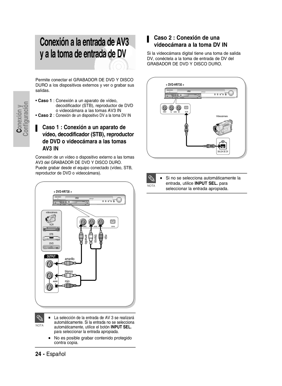 Samsung DVD-HR730/XEF, DVD-HR730/XEC, DVD-HR730/XEB manual Caso 1 Conexión a un aparato de, De DVD o videocámara a las tomas 