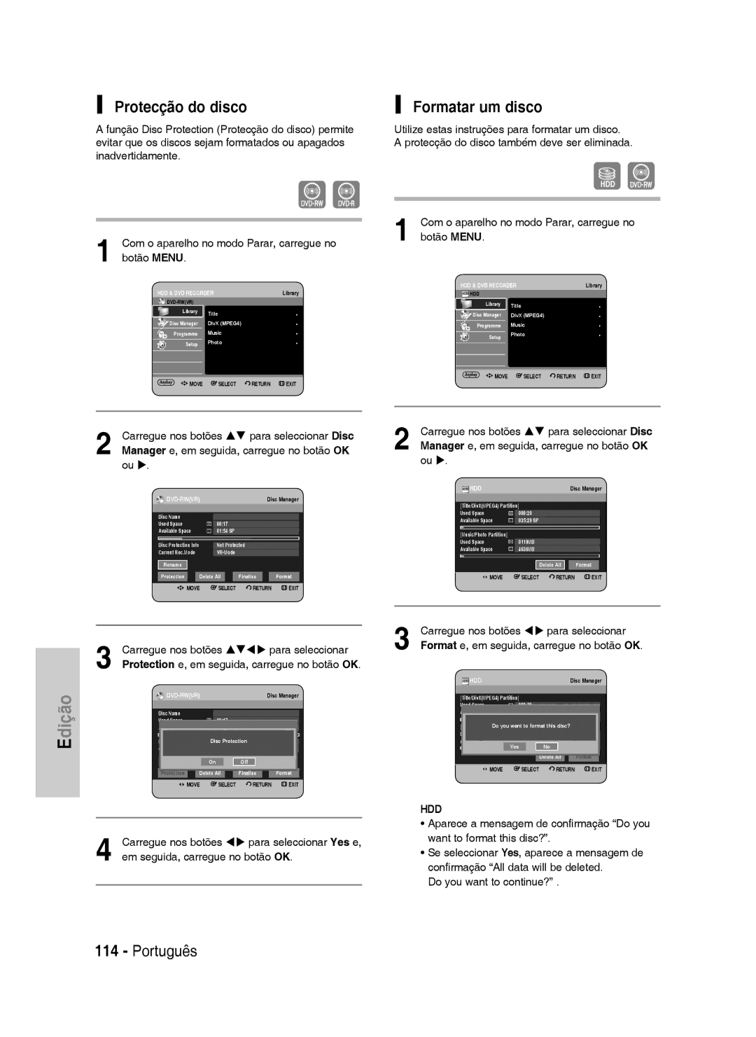 Samsung DVD-HR730/XEB, DVD-HR730/XEC, DVD-HR734/XEG, DVD-HR730/XEG, DVD-HR730/XEF manual Protecção do disco, Formatar um disco 