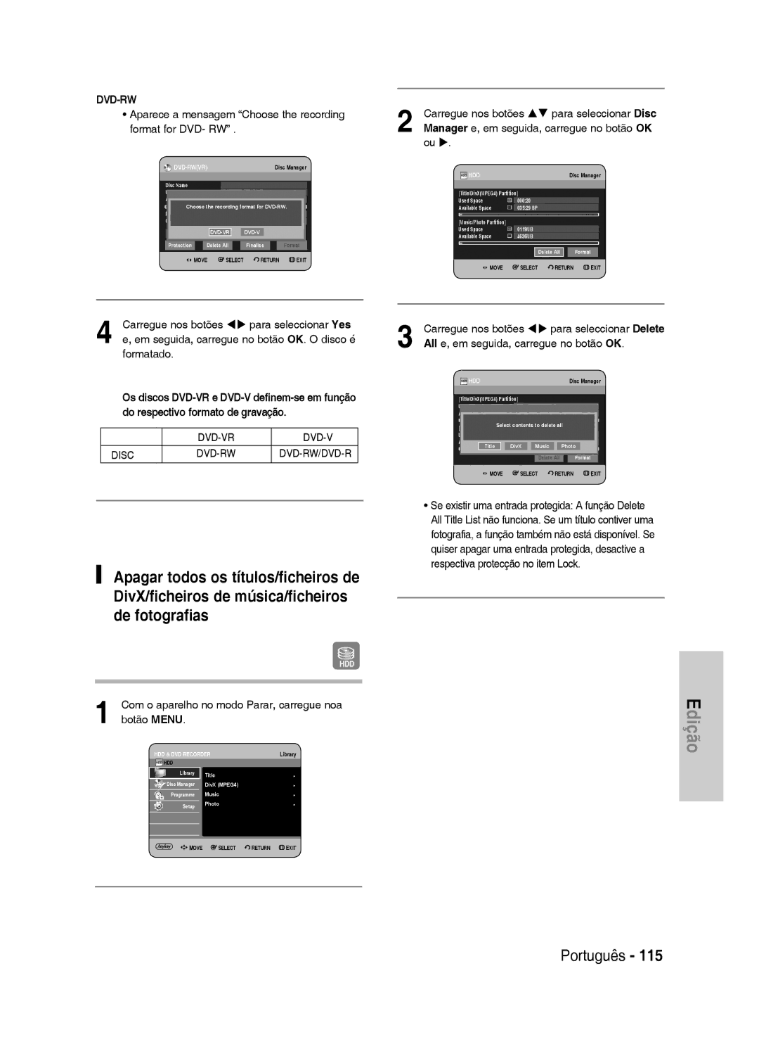 Samsung DVD-HR734/XEG manual Aparece a mensagem Choose the recording format for DVD- RW, DVD-VR Disc DVD-RW DVD-RW/DVD-R 