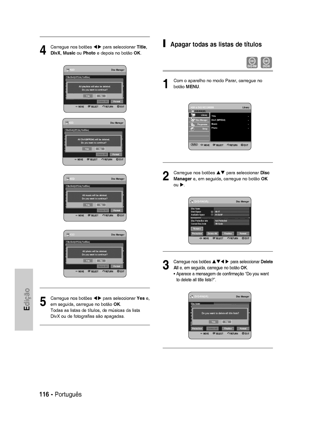 Samsung DVD-HR730/XEG, DVD-HR730/XEC, DVD-HR730/XEB, DVD-HR734/XEG, DVD-HR730/XEF manual Apagar todas as listas de títulos 