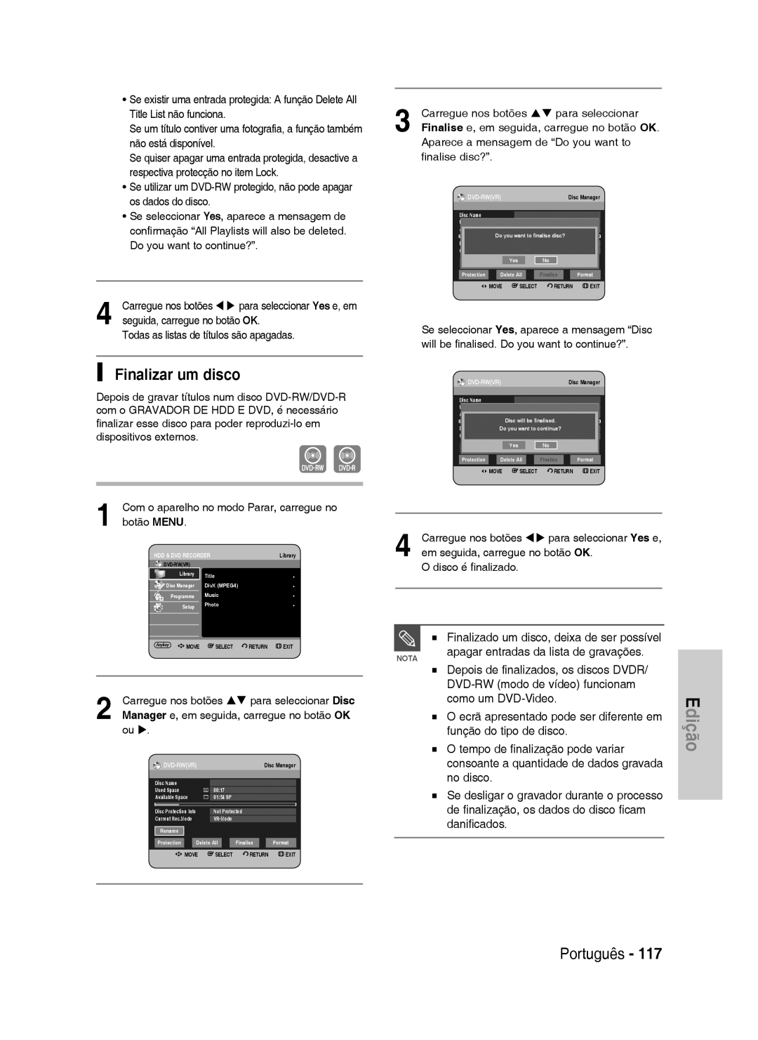 Samsung DVD-HR730/XEF, DVD-HR730/XEC, DVD-HR730/XEB, DVD-HR734/XEG, DVD-HR730/XEG, DVD-HR734/XEF manual Finalizar um disco 