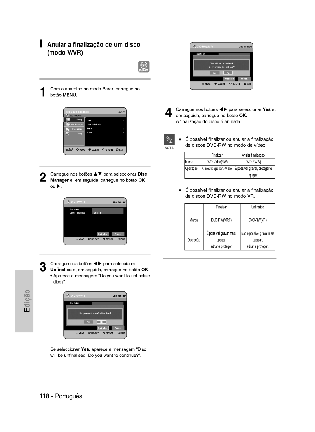 Samsung DVD-HR734/XEF manual Anular a finalização de um disco modo V/VR, Possível finalizar ou anular a finalização, Marca 