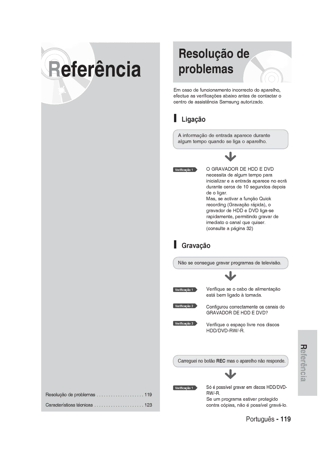Samsung DVD-HR730/XET, DVD-HR730/XEC, DVD-HR730/XEB manual Resolução de problemas, Ligação, Gravação, Gravador DE HDD E DVD? 