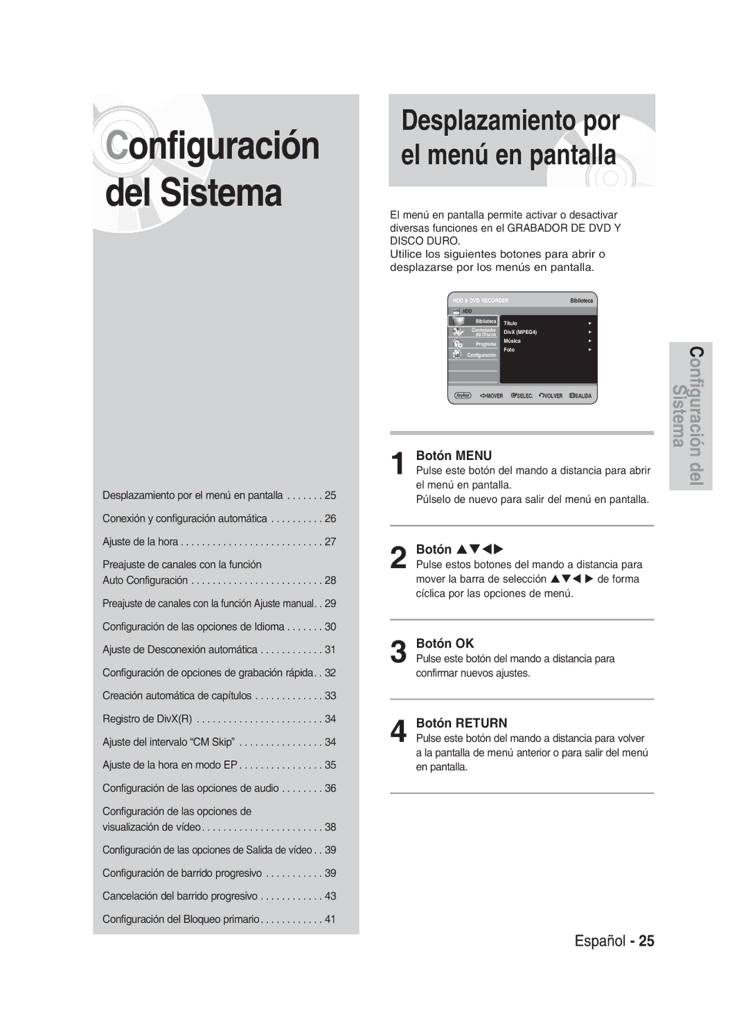 Samsung DVD-HR734/XEF, DVD-HR730/XEC, DVD-HR730/XEB, DVD-HR734/XEG, DVD-HR730/XEG manual Botón Menu, Botón OK, Botón Return 