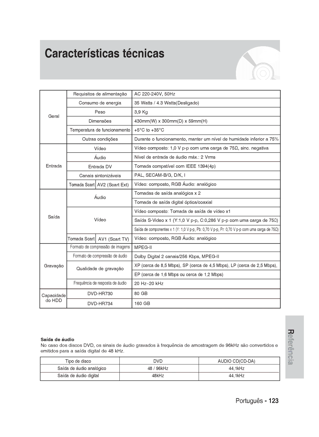 Samsung DVD-HR734/EUR, DVD-HR730/XEC, DVD-HR730/XEB manual Características técnicas, Saída de áudio, DVD Audio CDCD-DA 