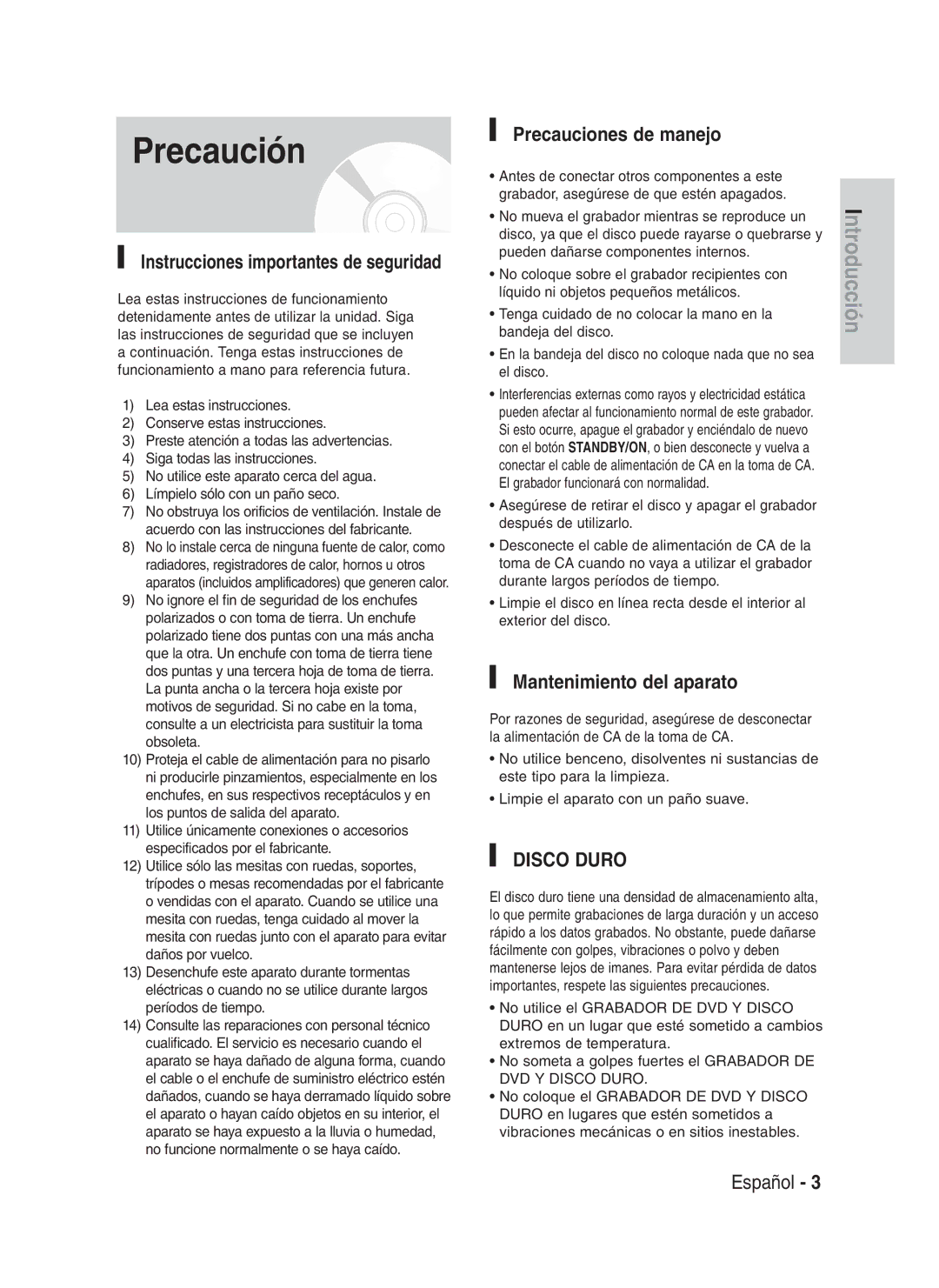 Samsung DVD-HR730/XEG, DVD-HR730/XEC, DVD-HR730/XEB manual Precaución, Precauciones de manejo, Mantenimiento del aparato 