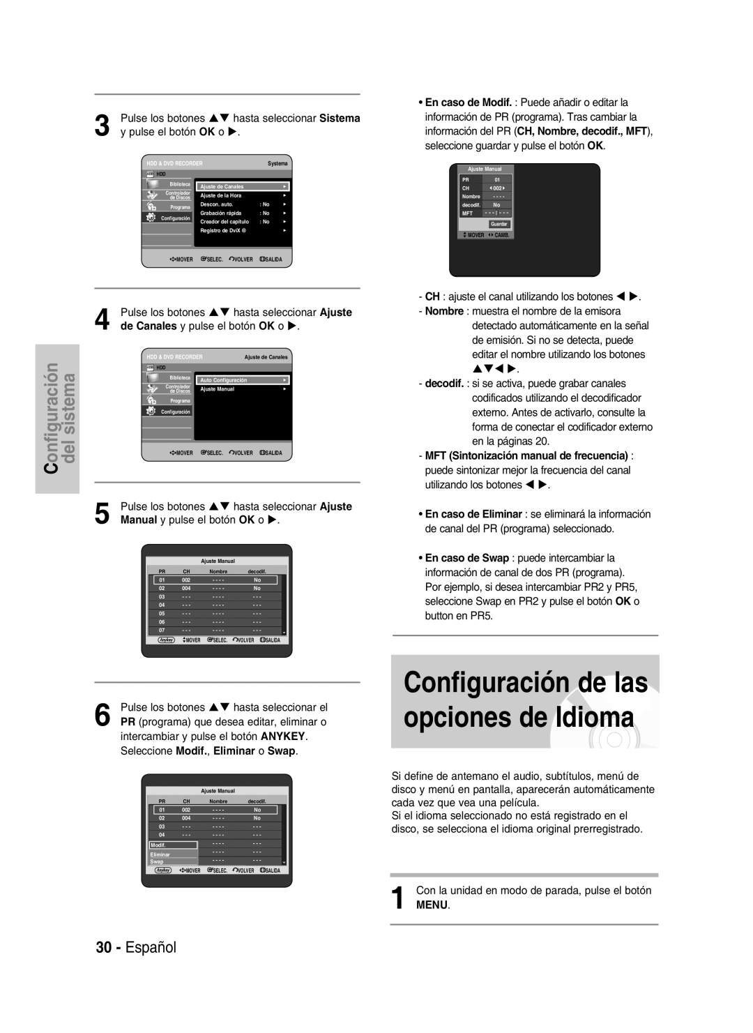 Samsung DVD-HR734/EUR, DVD-HR730/XEC Configuración de las opciones de Idioma, Pulse el botón OK o, Utilizando los botones 