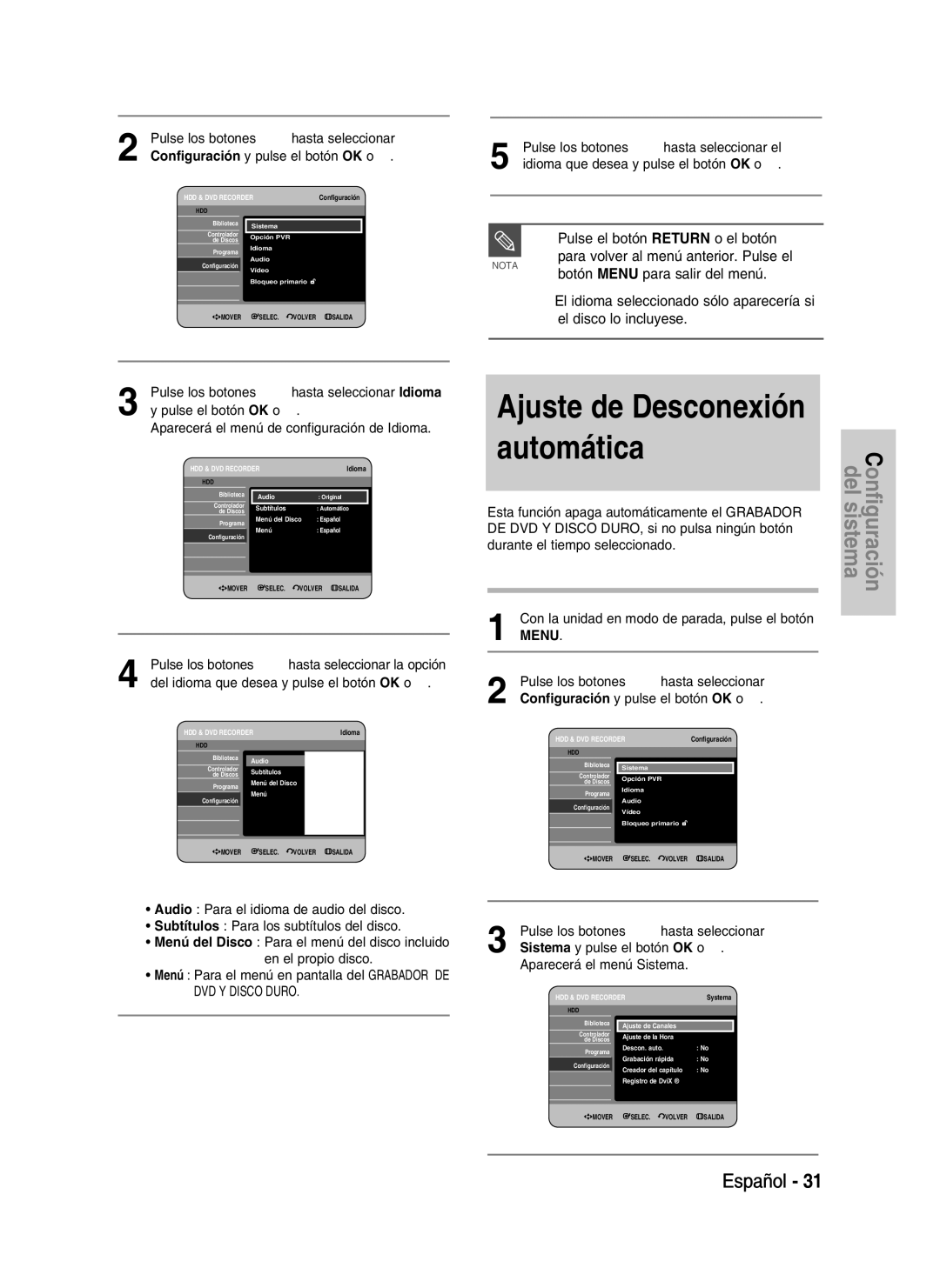 Samsung DVD-HR734/XEB manual Del idioma que desea y pulse el botón OK o, Esta función apaga automáticamente el Grabador 