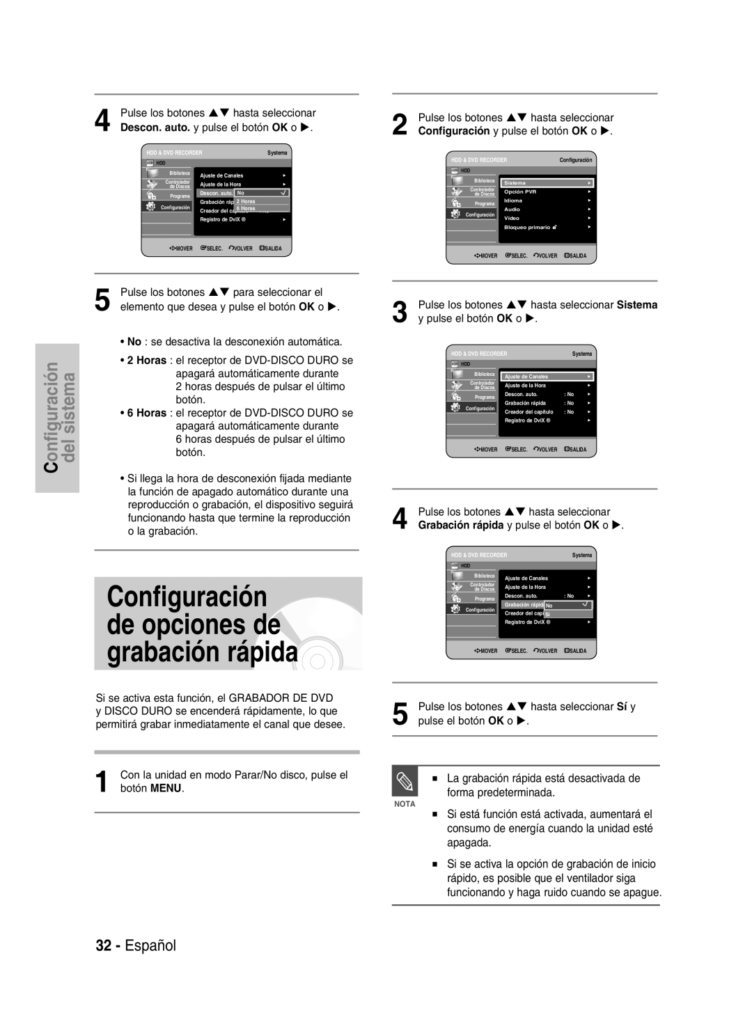 Samsung DVD-HR730/XEE manual Pulse los botones para seleccionar el, Elemento que desea y pulse el botón OK o, La grabación 