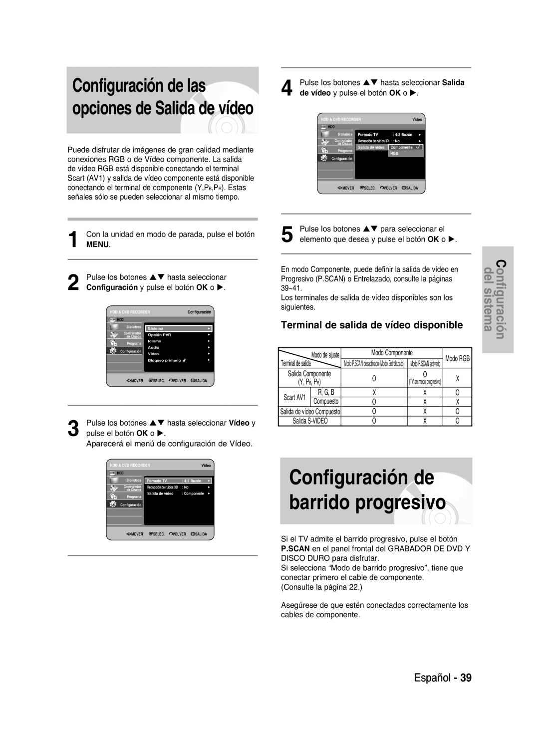 Samsung DVD-HR730/XEN, DVD-HR730/XEC manual Configuración de barrido progresivo, Terminal de salida de vídeo disponible 