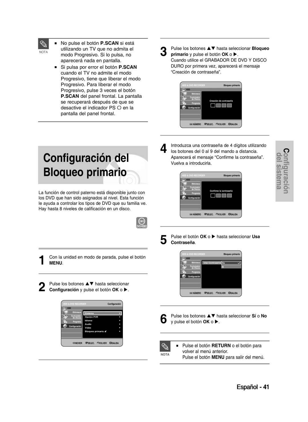 Samsung DVD-HR730/XEB manual Configuración del Bloqueo primario, Pulse el botón OK o Hasta seleccionar Usa Contraseña 