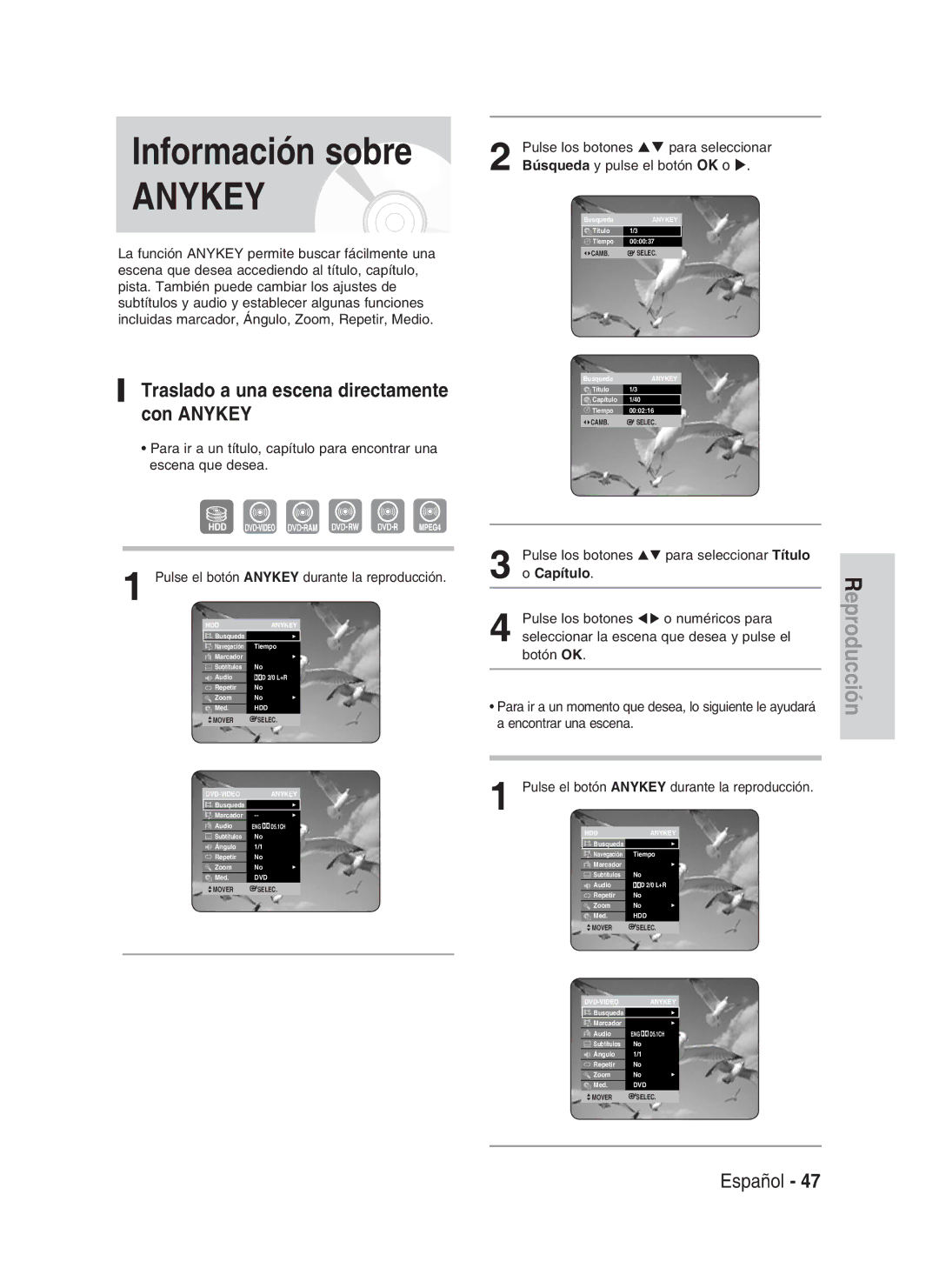 Samsung DVD-HR734/XET Traslado a una escena directamente con Anykey, Pulse los botones para seleccionar Título, Capítulo 