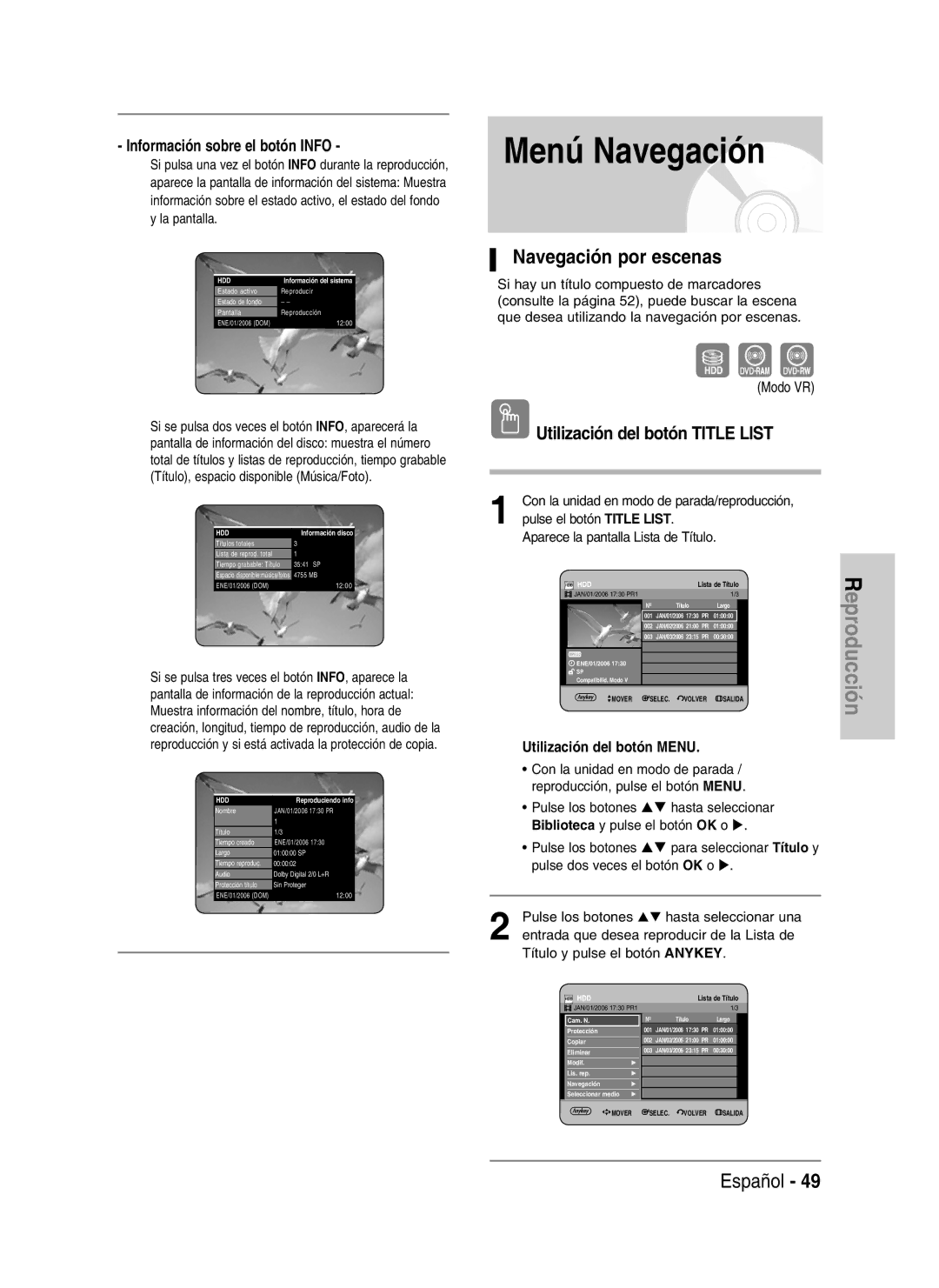 Samsung DVD-HR734/XEE, DVD-HR730/XEC Menú Navegación, Navegación por escenas, Información sobre el botón Info, Modo VR 