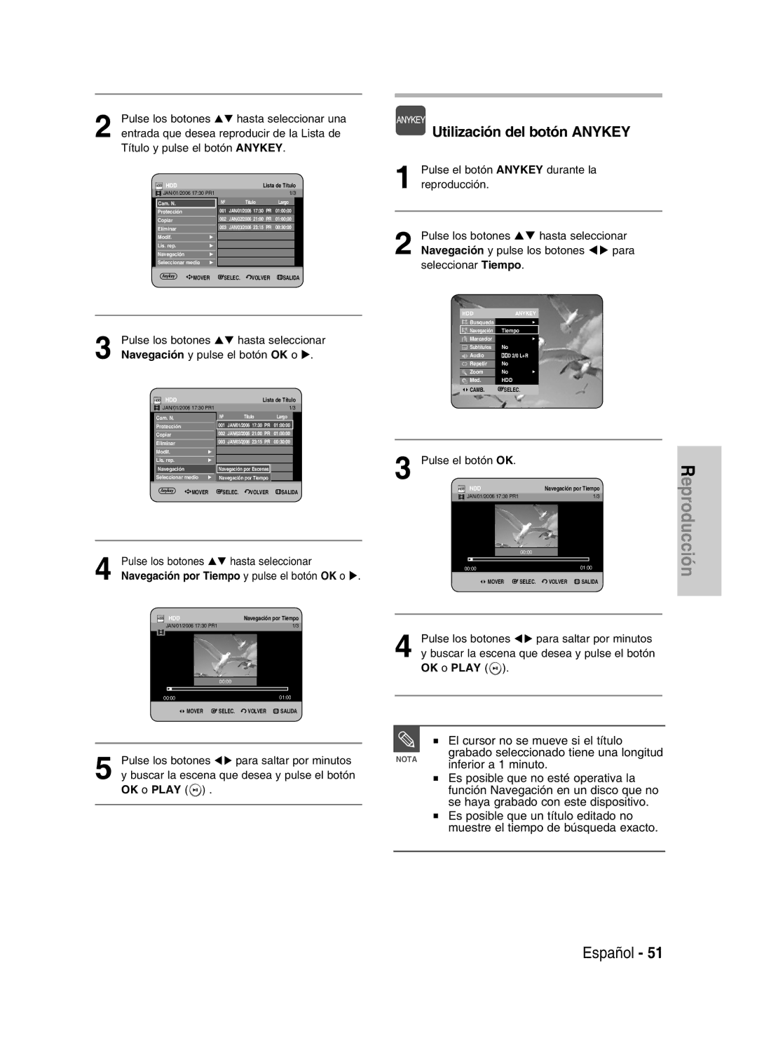 Samsung DVD-HR734/XEB, DVD-HR730/XEC, DVD-HR730/XEB, DVD-HR734/XEG manual El cursor no se mueve si el título, OK o Play 