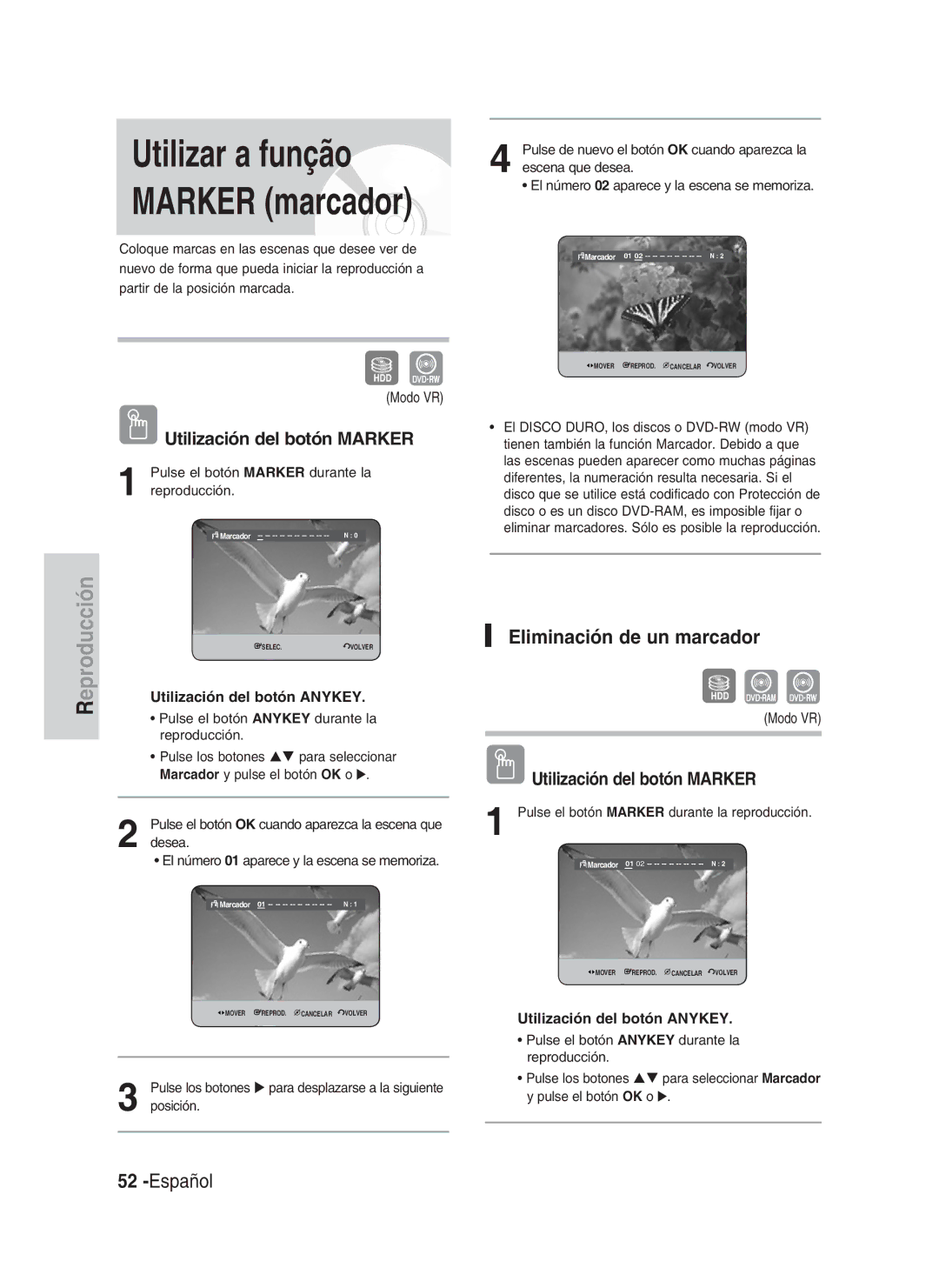 Samsung DVD-HR730/XEE manual Eliminación de un marcador, Utilización del botón Marker, Utilización del botón Anykey 