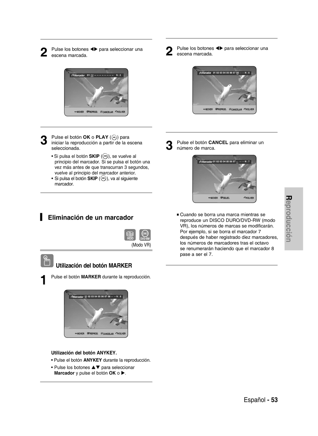 Samsung DVD-HR730/XEU, DVD-HR730/XEC, DVD-HR730/XEB, DVD-HR734/XEG Pulse los botones para seleccionar una escena marcada 