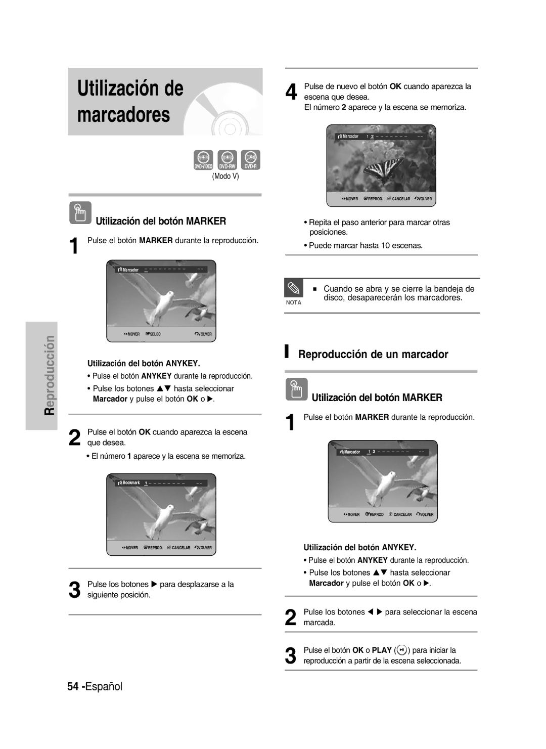 Samsung DVD-HR734/XEU Reproducción de un marcador, Cuando se abra y se cierre la bandeja de, Utilización del botón Anykey 