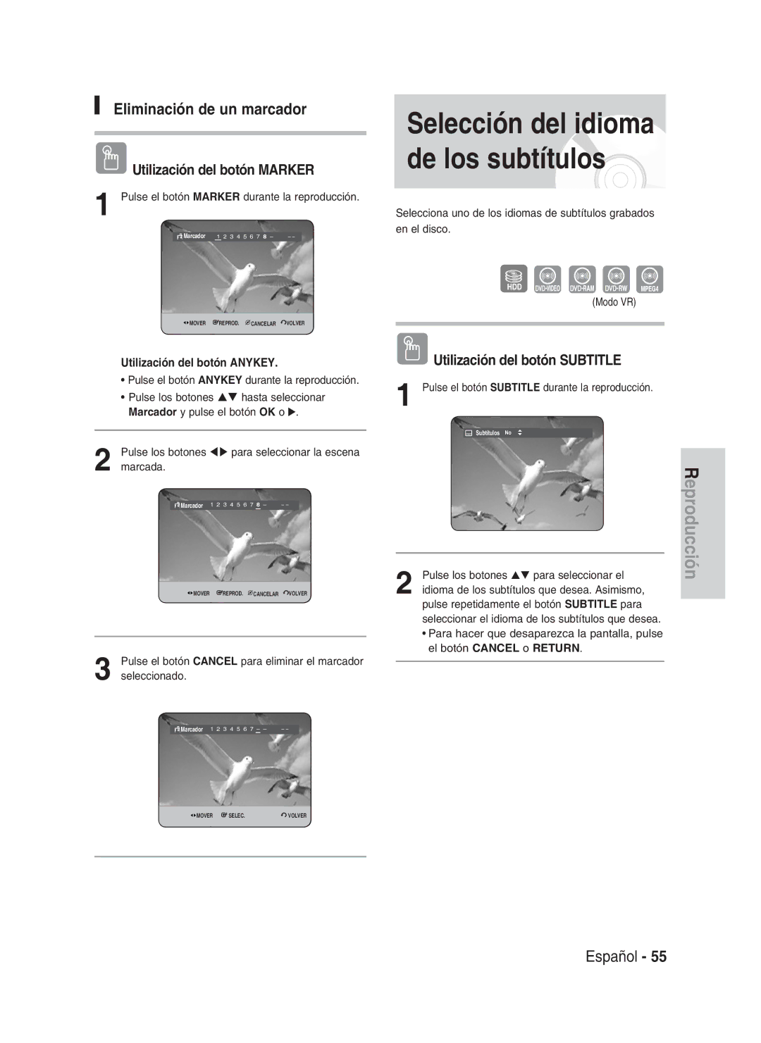 Samsung DVD-HR730/XEO Selección del idioma de los subtítulos, Utilización del botón Subtitle, El botón Cancel o Return 