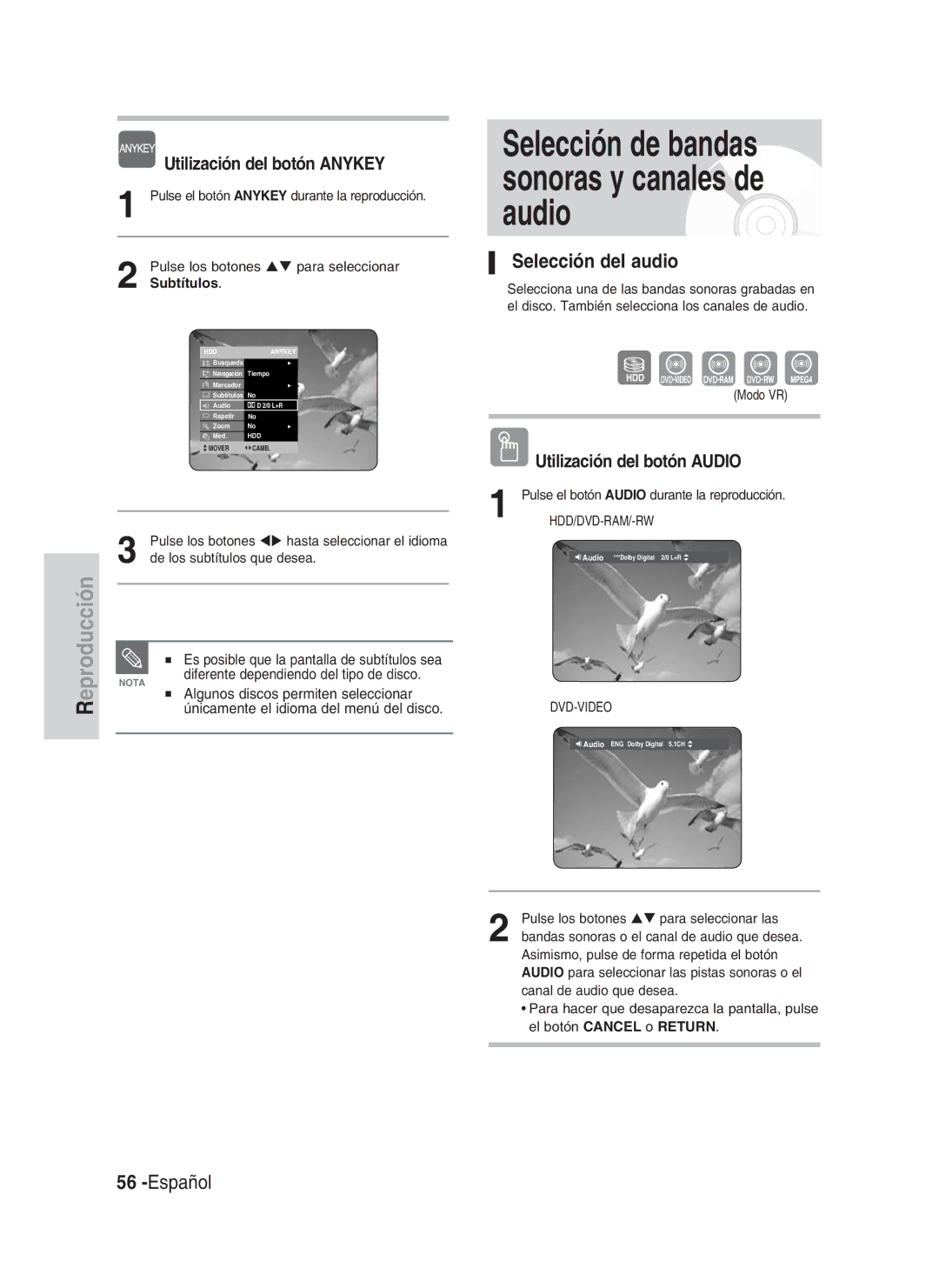 Samsung DVD-HR730/EUR manual Selección del audio, Utilización del botón Audio, Es posible que la pantalla de subtítulos sea 