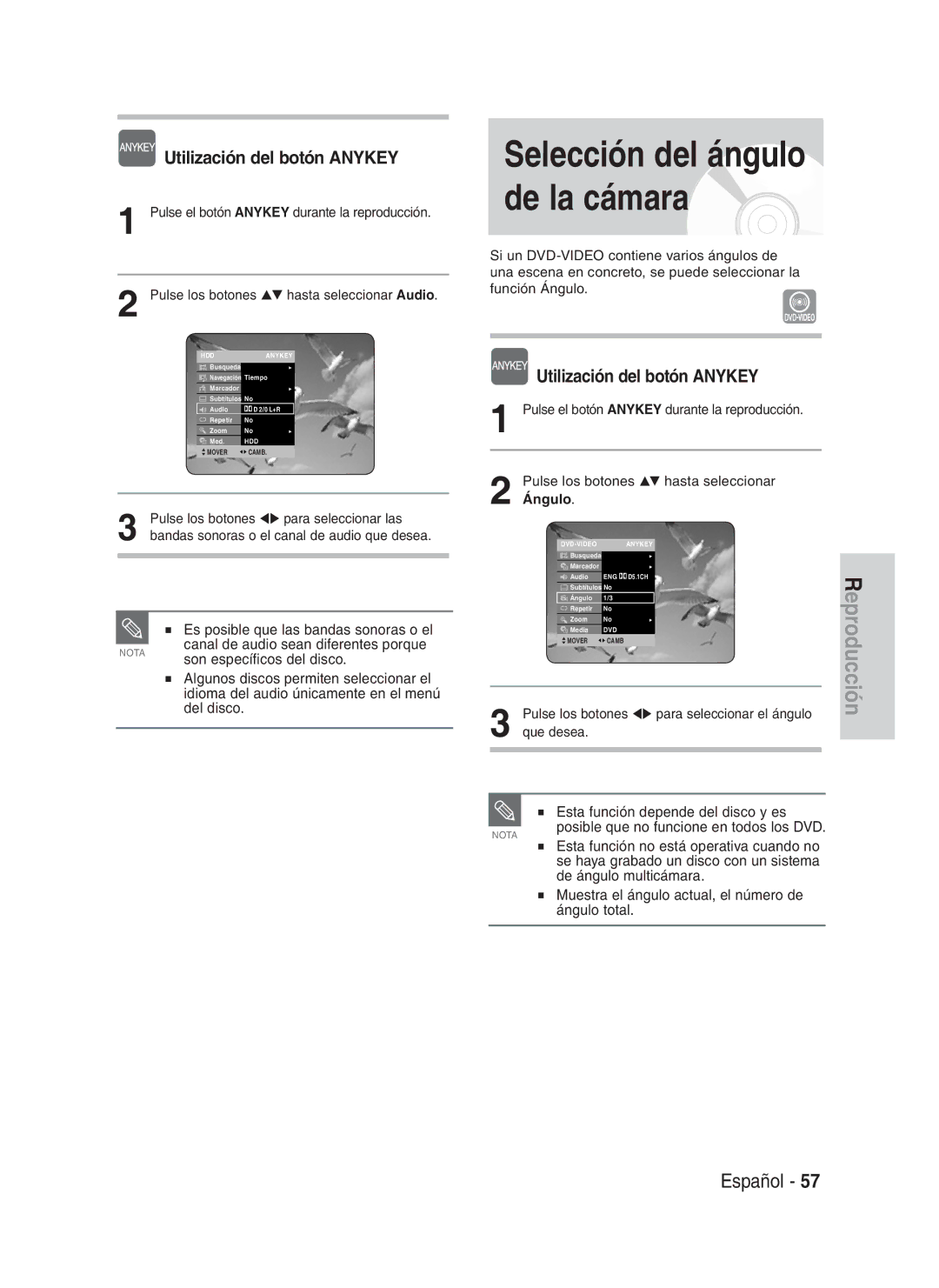 Samsung DVD-HR734/XEO, DVD-HR730/XEC manual Selección del ángulo de la cámara, Es posible que las bandas sonoras o el 