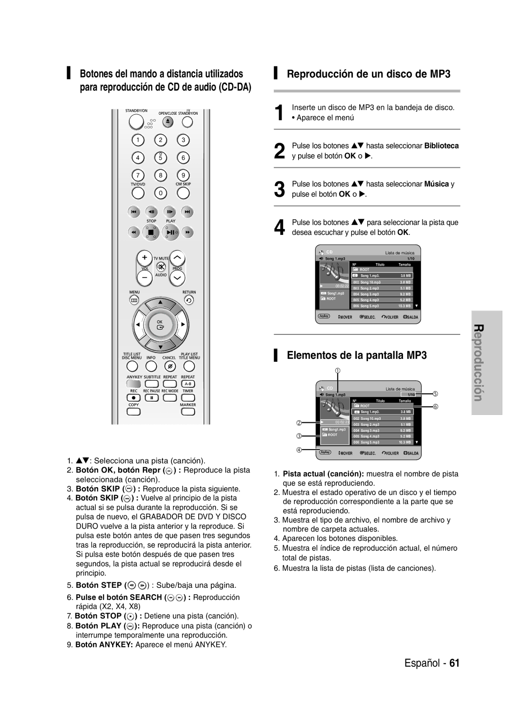 Samsung DVD-HR730/XEB, DVD-HR730/XEC, DVD-HR734/XEG manual Reproducción de un disco de MP3, Selecciona una pista canción 