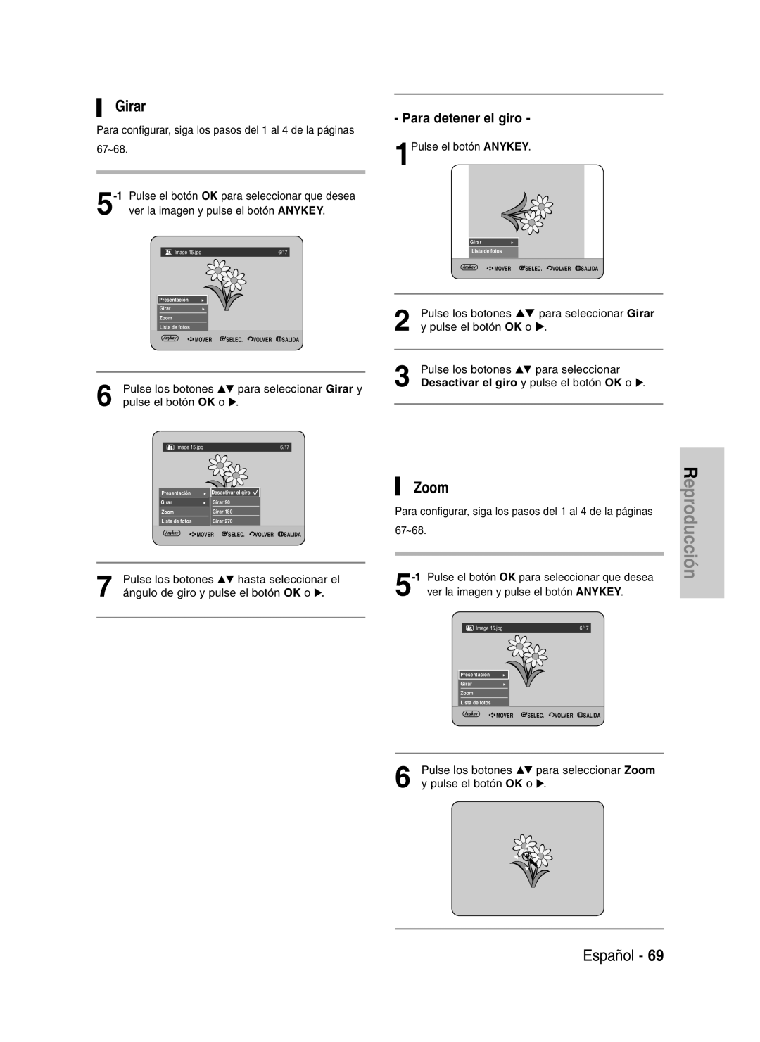 Samsung DVD-HR734/XEE, DVD-HR730/XEC manual Zoom, Para detener el giro, Pulse los botones Para seleccionar Girar y 