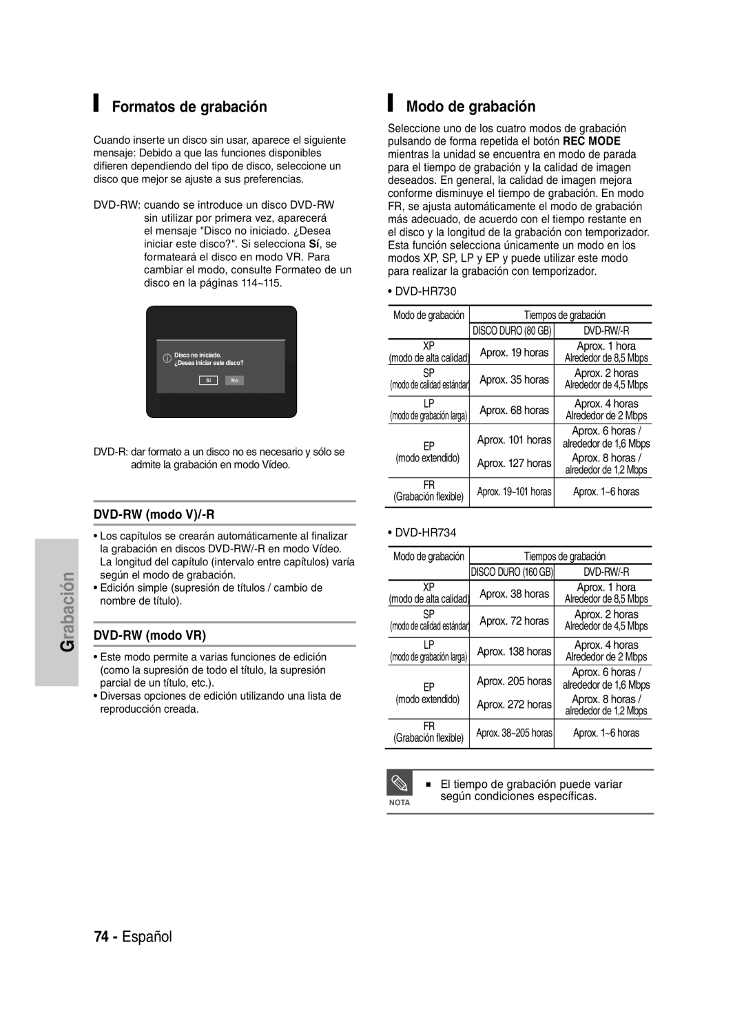 Samsung DVD-HR734/XEU, DVD-HR730/XEC manual Formatos de grabación, Modo de grabación, DVD-RW modo V/-R, DVD-RW modo VR 