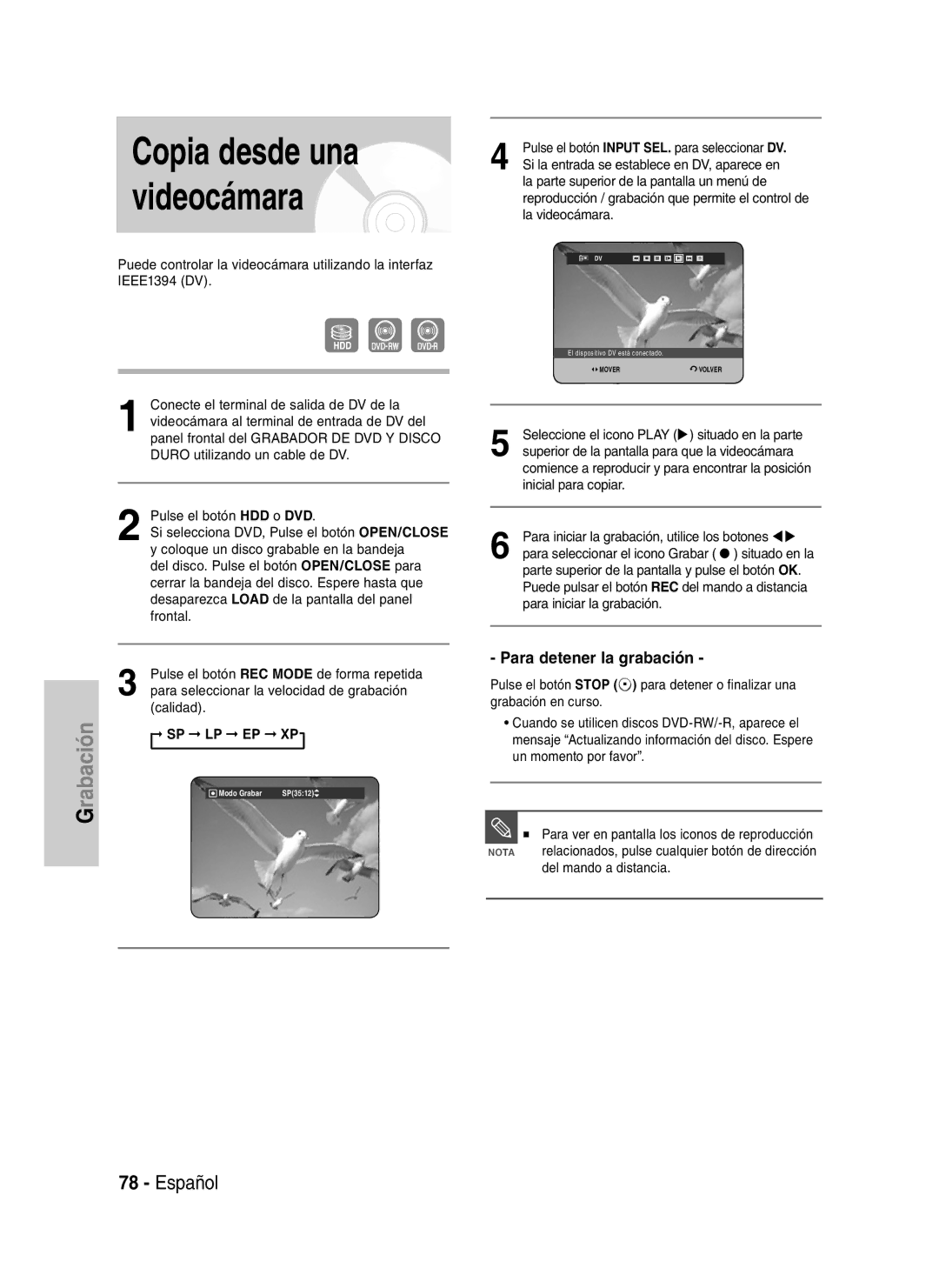 Samsung DVD-HR734/XEC, DVD-HR730/XEC, DVD-HR730/XEB, DVD-HR734/XEG, DVD-HR730/XEG, DVD-HR730/XEF Copia desde una videocámara 