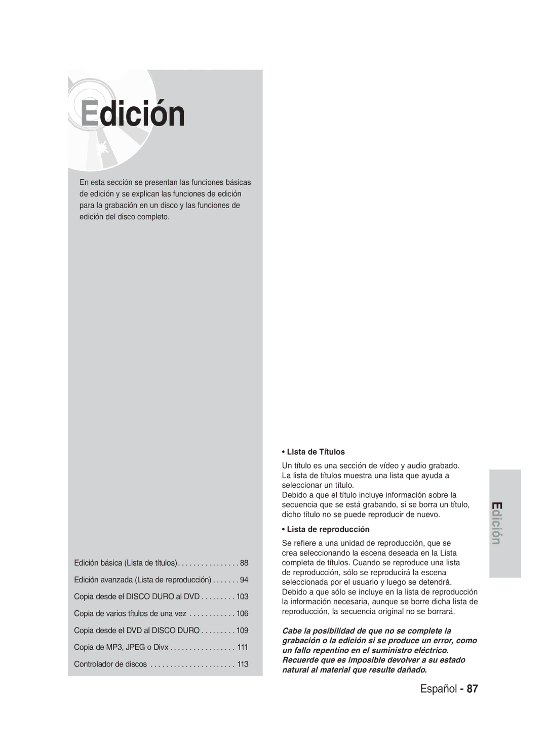 Samsung DVD-HR734/XET, DVD-HR730/XEC, DVD-HR730/XEB, DVD-HR734/XEG, DVD-HR730/XEG Lista de Títulos, Lista de reproducción 