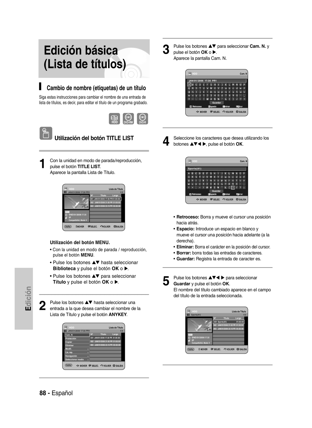 Samsung DVD-HR734/XEN, DVD-HR730/XEC manual Edición básica Lista de títulos, Cambio de nombre etiquetas de un título 