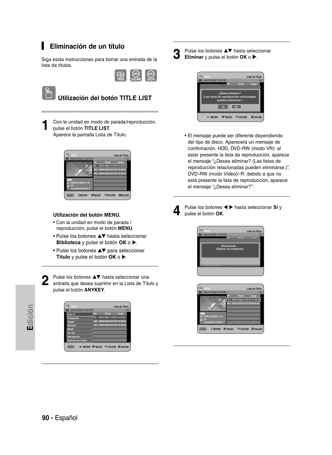 Samsung DVD-HR734/EUR, DVD-HR730/XEC, DVD-HR730/XEB, DVD-HR734/XEG manual Eliminación de un título, Pulse el botón Anykey 