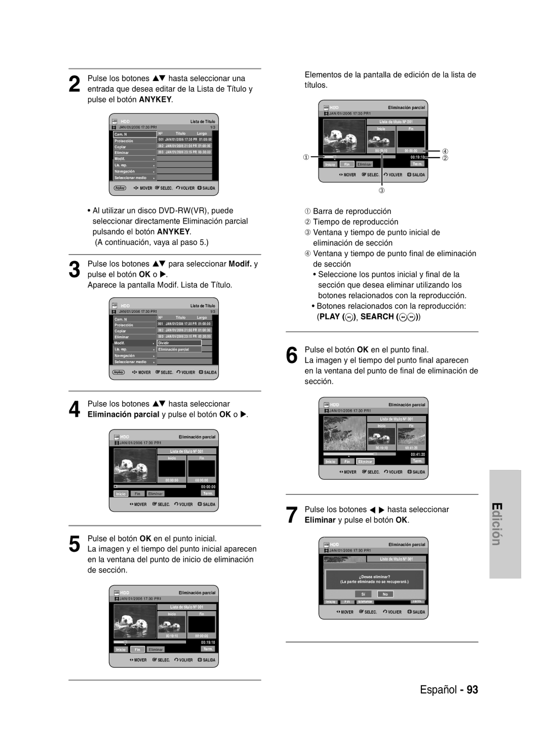 Samsung DVD-HR730/XEU, DVD-HR730/XEC manual Elementos de la pantalla de edición de la lista de títulos, Play , Search 