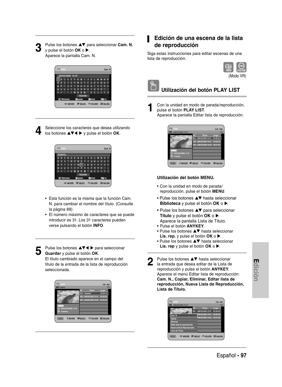 Samsung DVD-HR734/XEO, DVD-HR730/XEC, DVD-HR730/XEB, DVD-HR734/XEG manual Edición de una escena de la lista de reproducción 