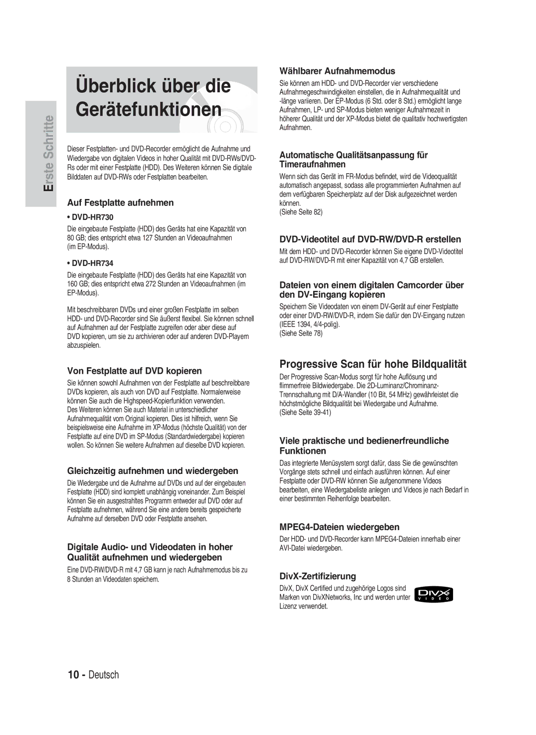 Samsung DVD-HR734/XEG, DVD-HR730/XEC manual Überblick über die Gerätefunktionen, Progressive Scan für hohe Bildqualität 