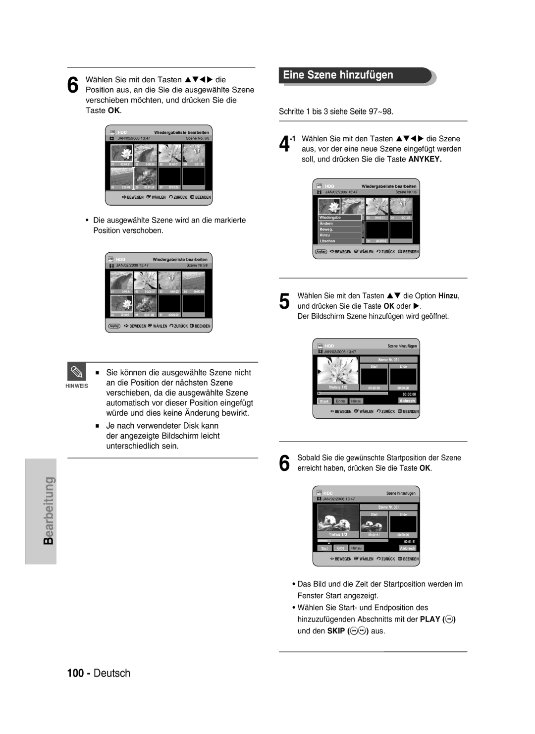 Samsung DVD-HR730/XEC, DVD-HR730/XEB, DVD-HR734/XEG, DVD-HR730/XEG manual An die Position der nächsten Szene 