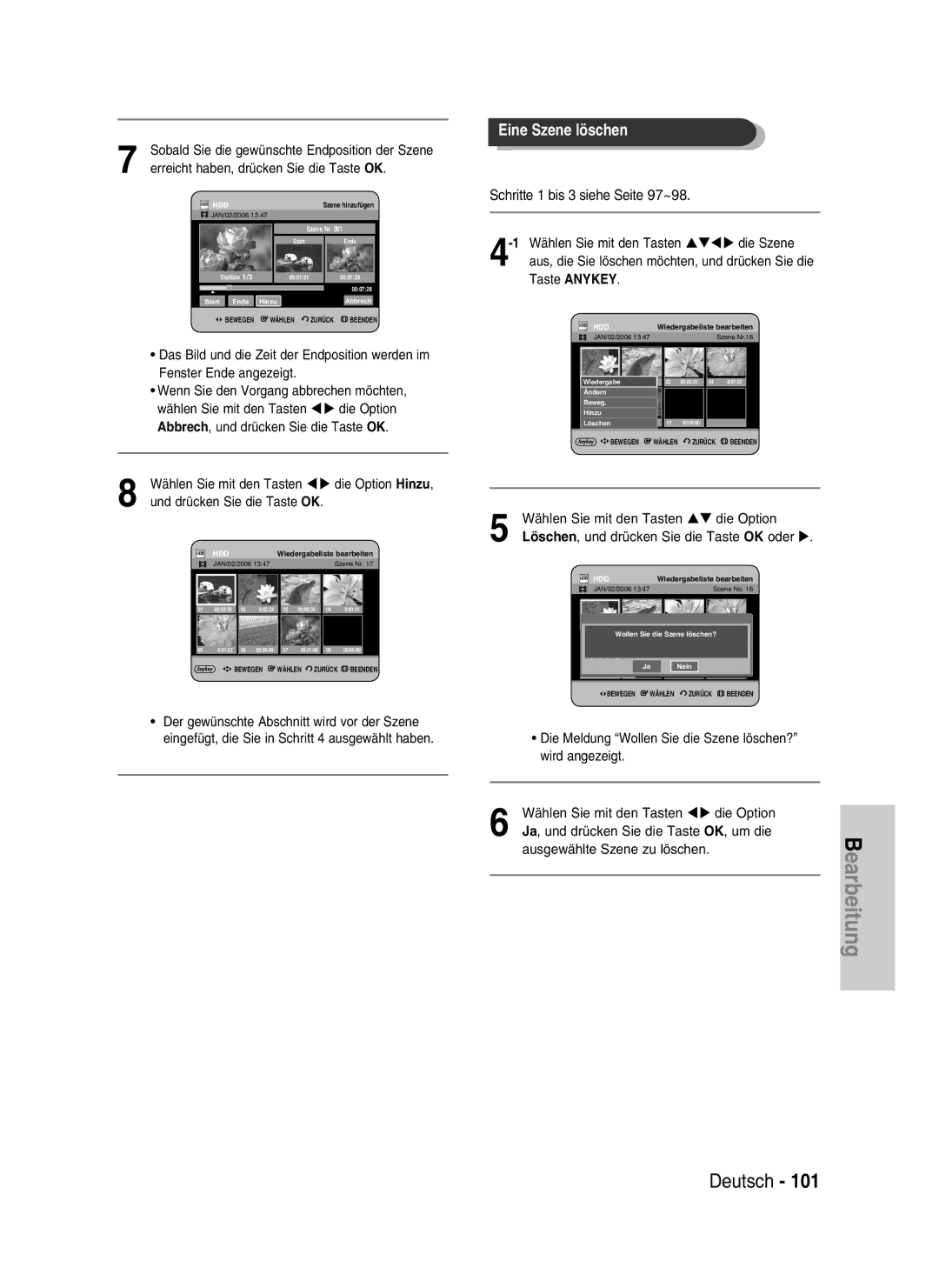 Samsung DVD-HR730/XEB, DVD-HR730/XEC, DVD-HR734/XEG, DVD-HR730/XEG manual Earbeitung, Eine Szene löschen 