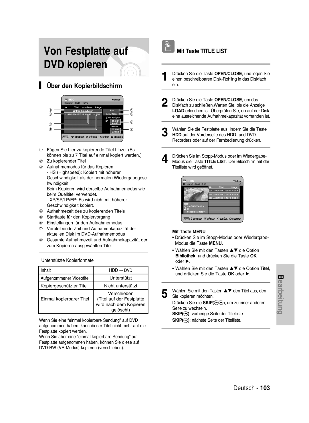 Samsung DVD-HR730/XEG, DVD-HR730/XEC, DVD-HR730/XEB manual Von Festplatte auf DVD kopieren, Über den Kopierbildschirm 