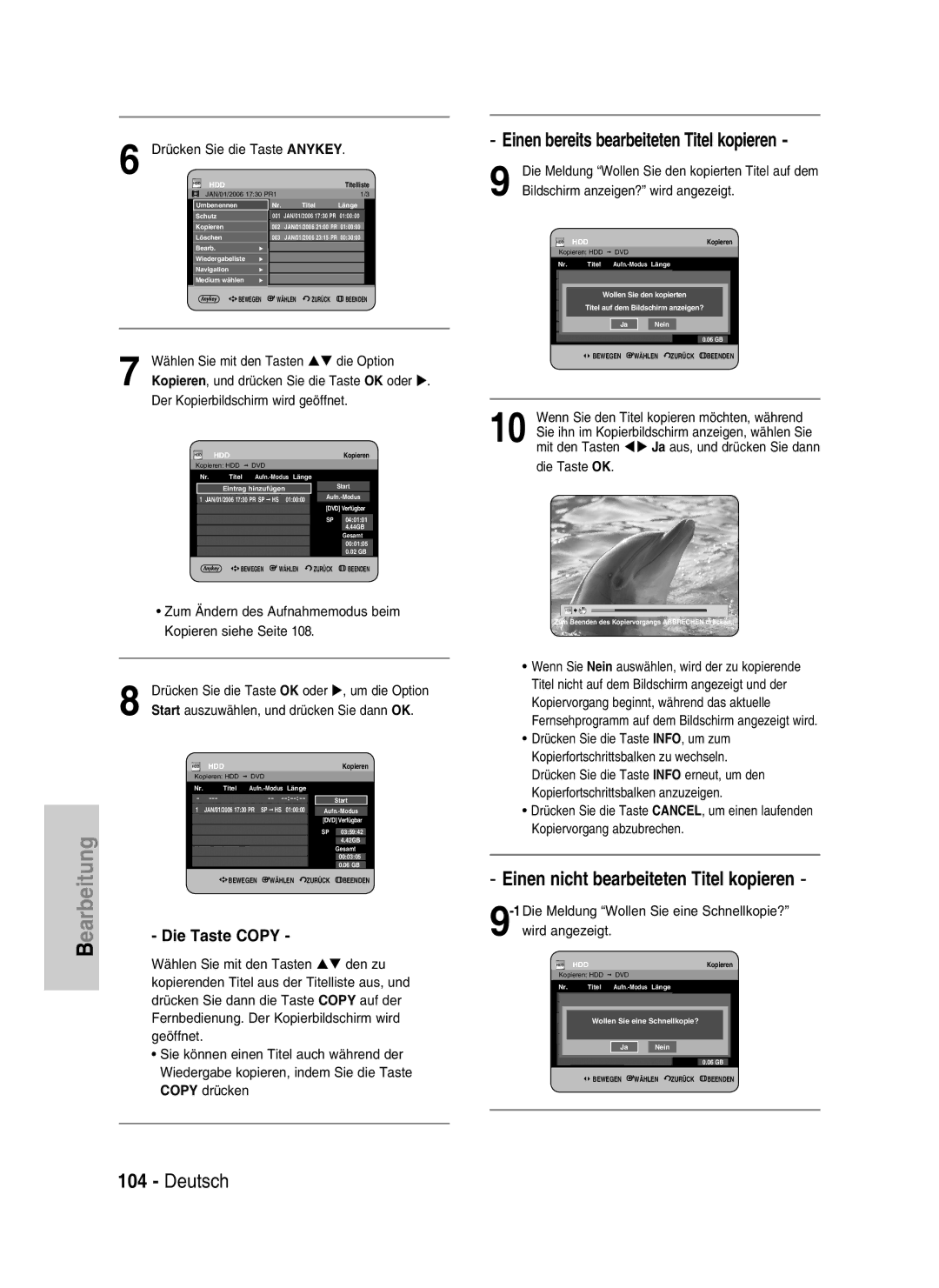 Samsung DVD-HR730/XEC Einen bereits bearbeiteten Titel kopieren, Einen nicht bearbeiteten Titel kopieren, Die Taste Copy 