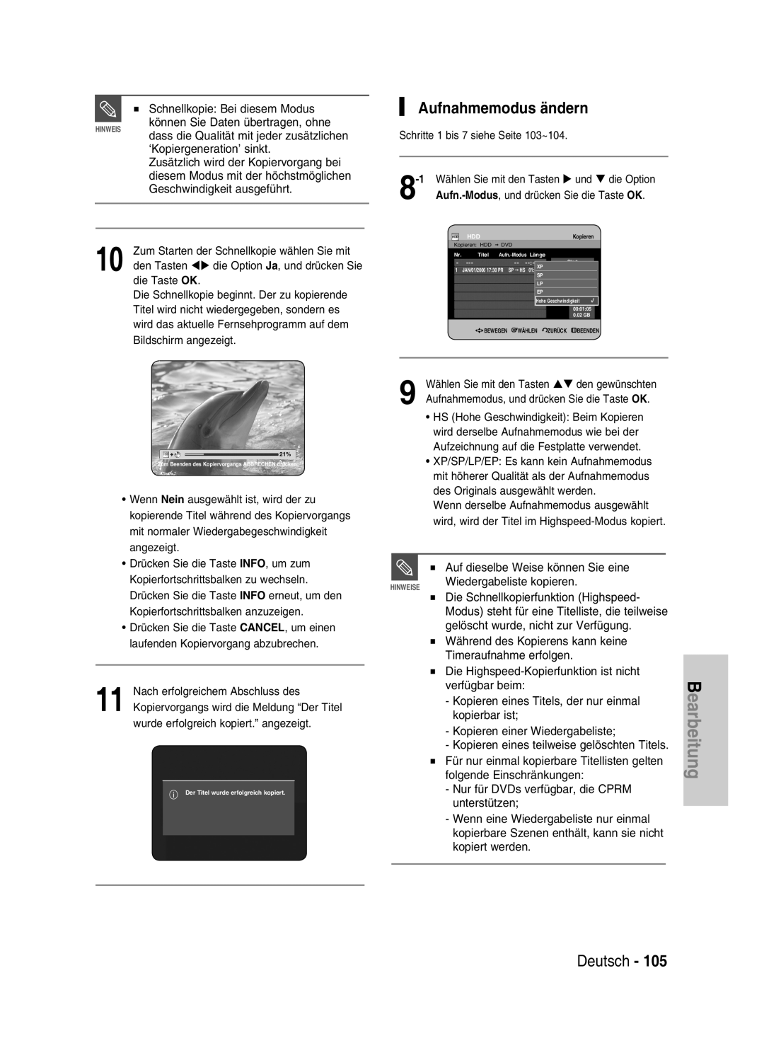 Samsung DVD-HR730/XEB, DVD-HR730/XEC, DVD-HR734/XEG, DVD-HR730/XEG manual Aufnahmemodus ändern 