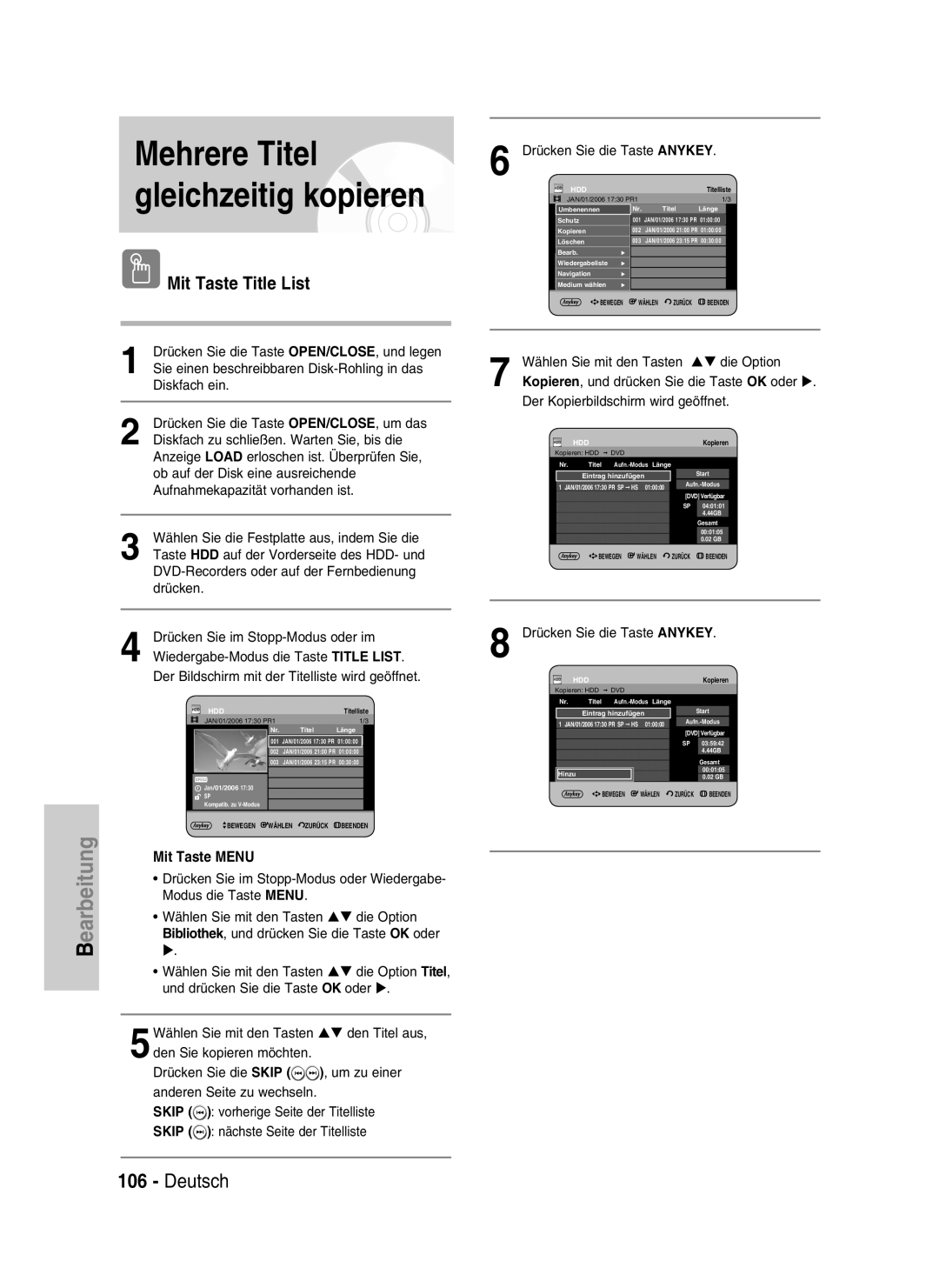 Samsung DVD-HR734/XEG, DVD-HR730/XEC, DVD-HR730/XEB manual Drücken Sie im Stopp-Modus oder Wiedergabe, Modus die Taste Menu 