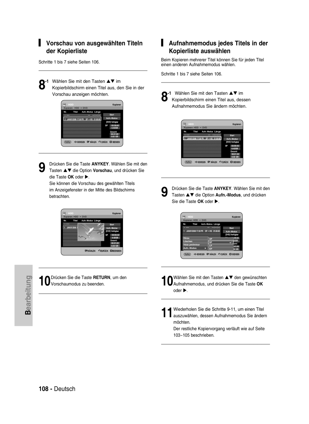 Samsung DVD-HR730/XEC, DVD-HR730/XEB, DVD-HR734/XEG, DVD-HR730/XEG manual Vorschau von ausgewählten Titeln der Kopierliste 