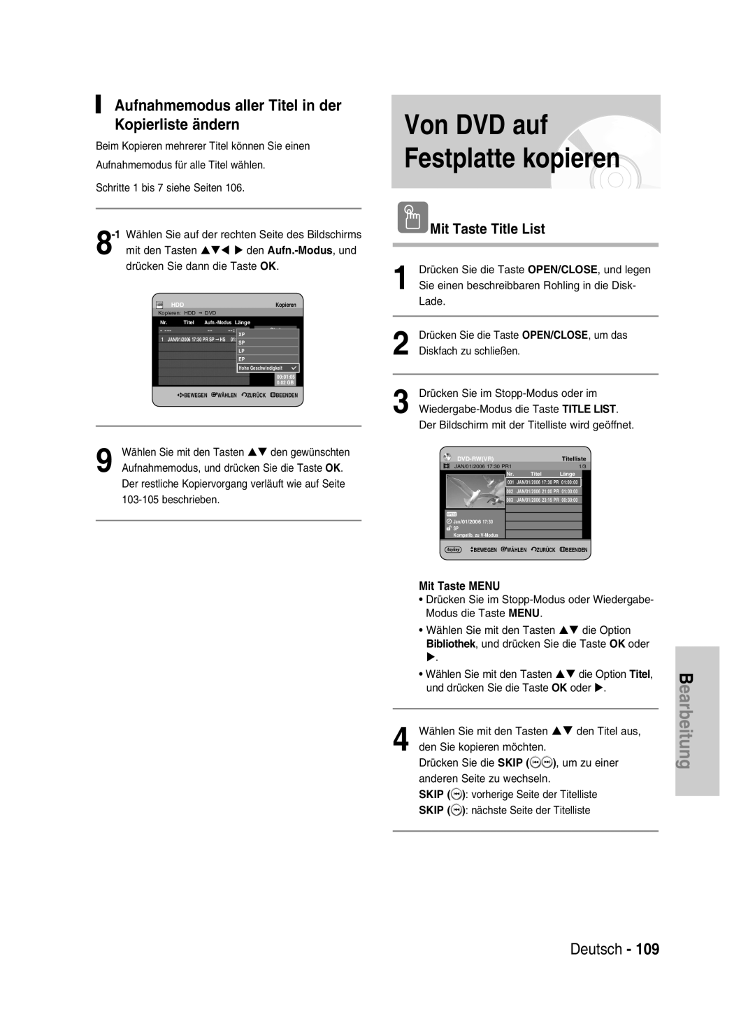 Samsung DVD-HR730/XEB, DVD-HR730/XEC Von DVD auf Festplatte kopieren, Aufnahmemodus aller Titel in der Kopierliste ändern 