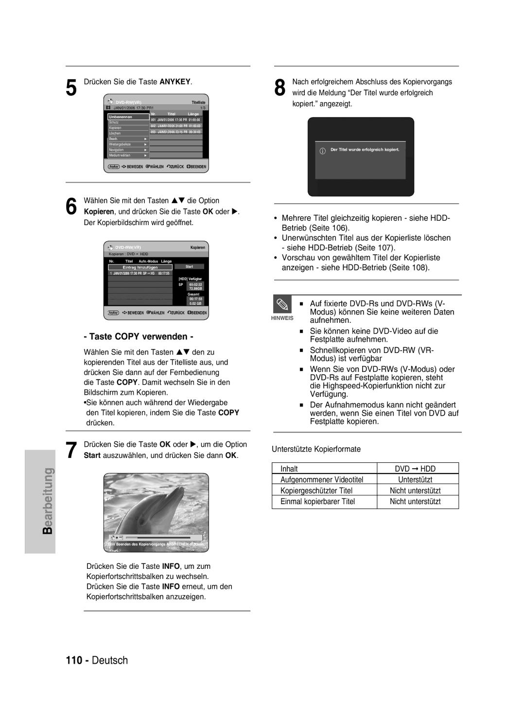 Samsung DVD-HR734/XEG, DVD-HR730/XEC, DVD-HR730/XEB, DVD-HR730/XEG manual Taste Copy verwenden 