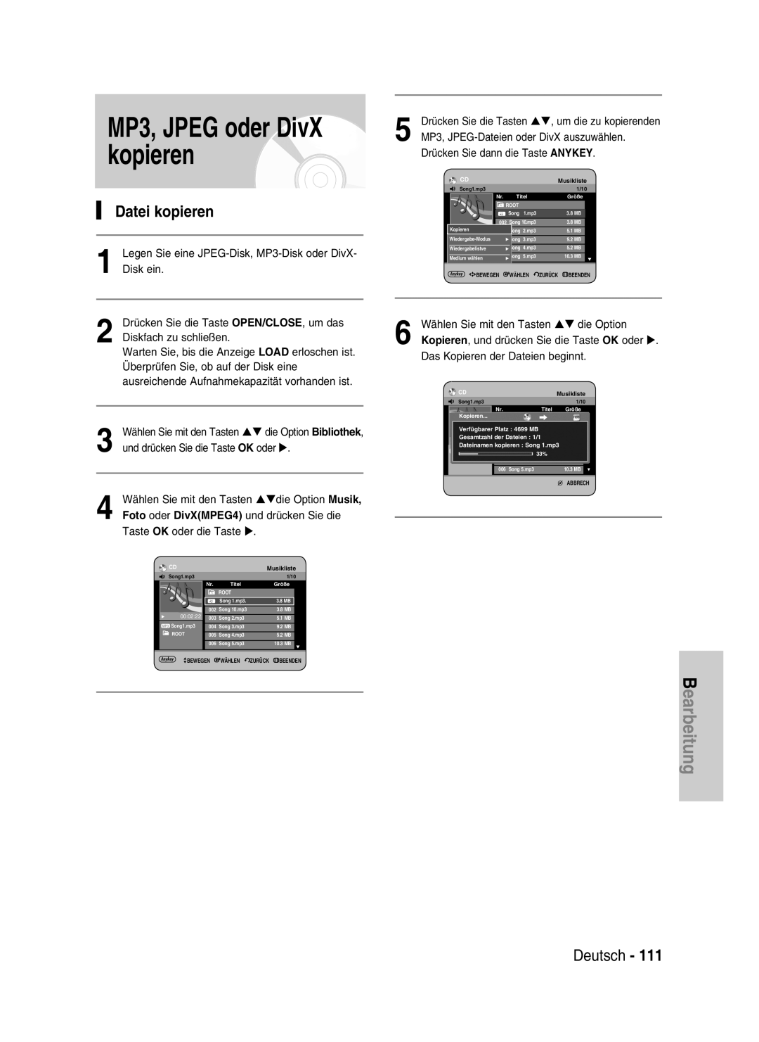 Samsung DVD-HR730/XEG, DVD-HR730/XEC, DVD-HR730/XEB, DVD-HR734/XEG manual MP3, Jpeg oder DivX kopieren, Datei kopieren 