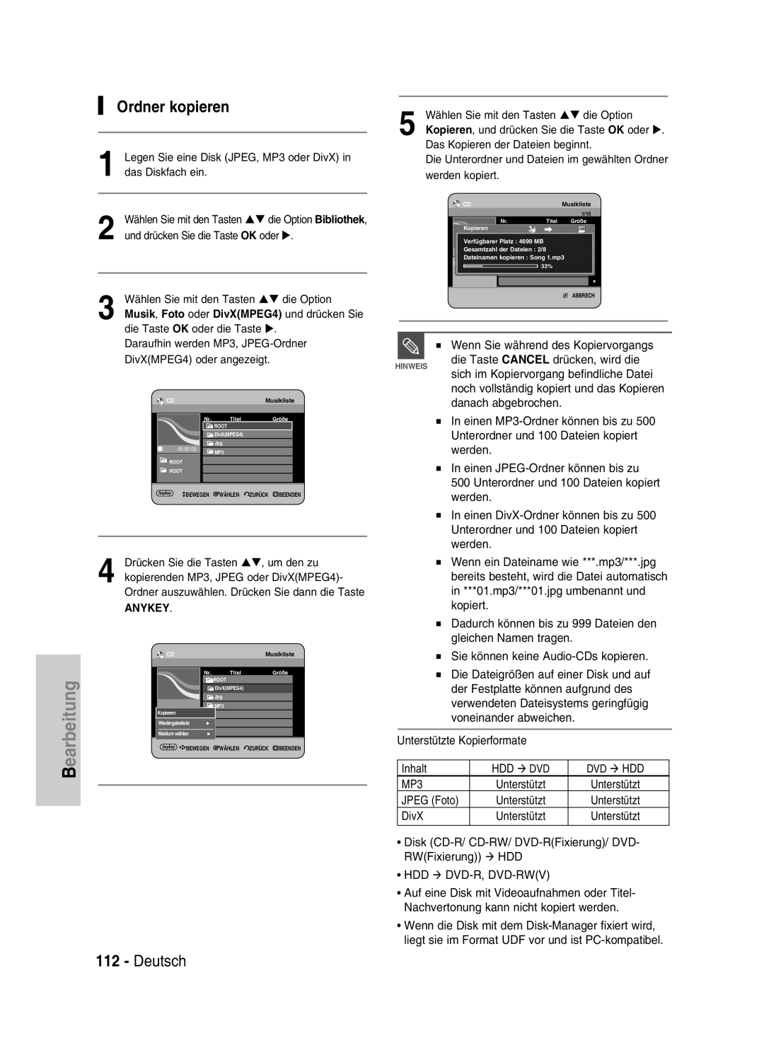 Samsung DVD-HR730/XEC, DVD-HR730/XEB, DVD-HR734/XEG, DVD-HR730/XEG manual Ordner kopieren, Wenn Sie während des Kopiervorgangs 