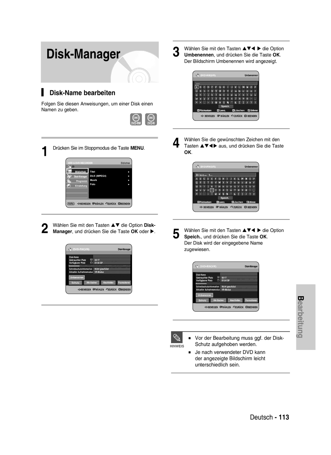 Samsung DVD-HR730/XEB manual Disk-Name bearbeiten, Schutz aufgehoben werden, Vor der Bearbeitung muss ggf. der Disk 