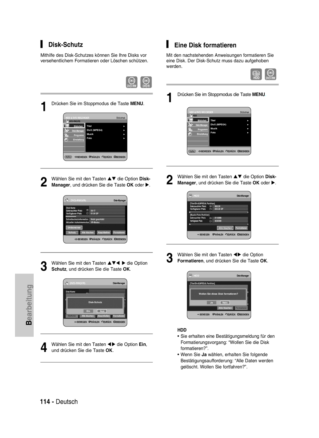 Samsung DVD-HR734/XEG, DVD-HR730/XEC, DVD-HR730/XEB, DVD-HR730/XEG manual Disk-Schutz, Eine Disk formatieren 